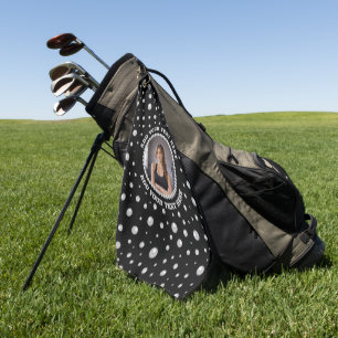 Personalized Photo with Pearls Circle on Black Golf Towel