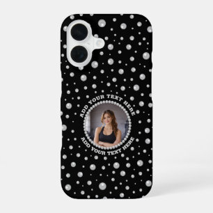 Personalized Photo with Pearls Circle on Black iPhone 16 Case