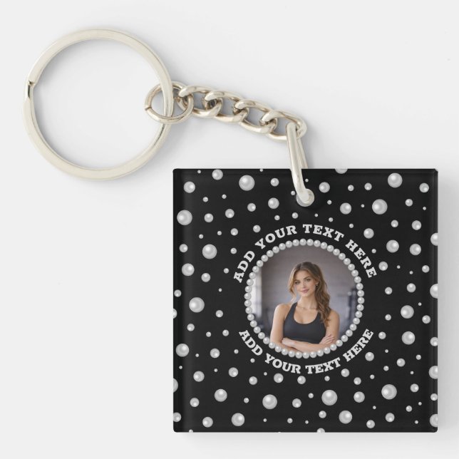Personalized Photo with Pearls Circle on Black Key Ring (Front)