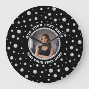 Personalized Photo with Pearls Circle on Black Large Clock