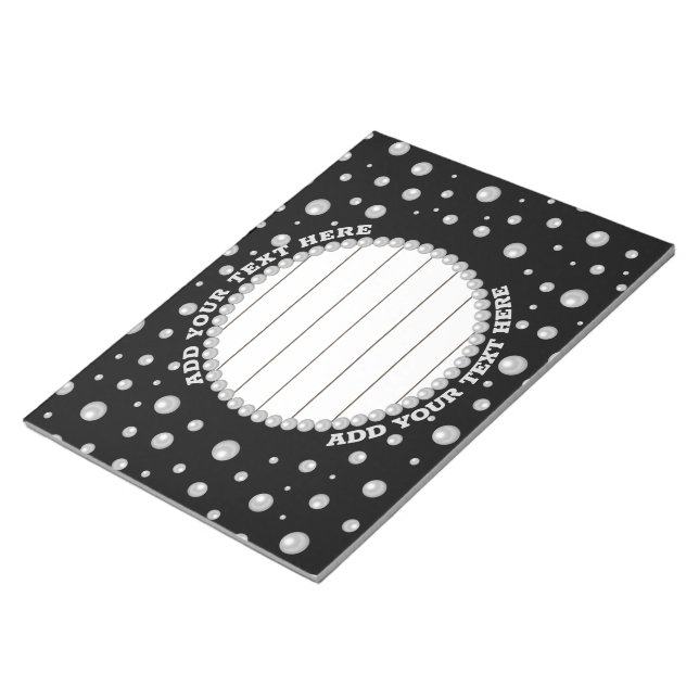 Personalized Photo with Pearls Circle on Black Notepad (Angled)