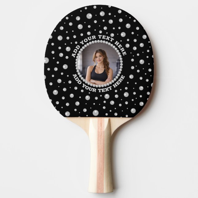 Personalized Photo with Pearls Circle on Black Ping Pong Paddle (Front)