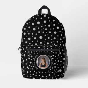 Personalized Photo with Pearls Circle on Black Printed Backpack