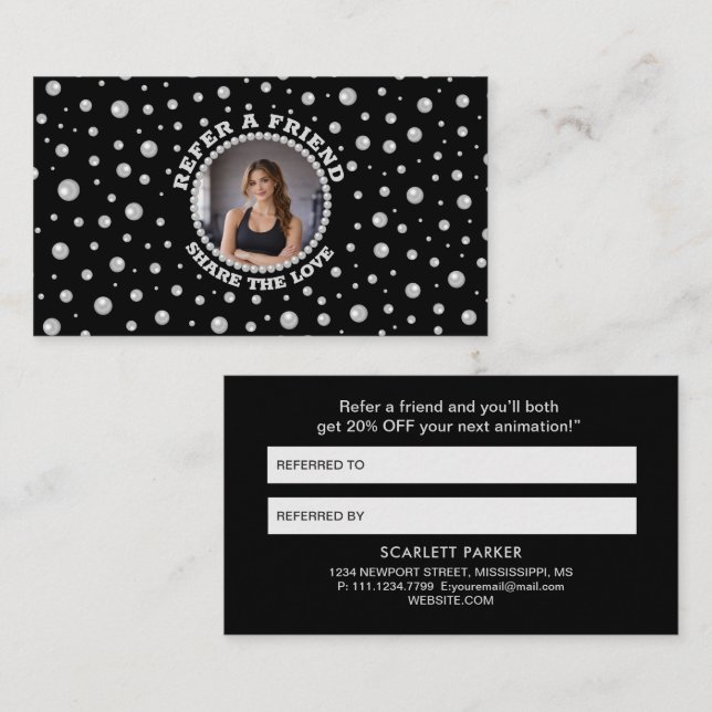 Personalized Photo with Pearls Circle on Black Referral Card (Front/Back)