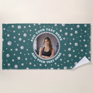 Personalized Photo with Pearls Circle on Teal Beach Towel