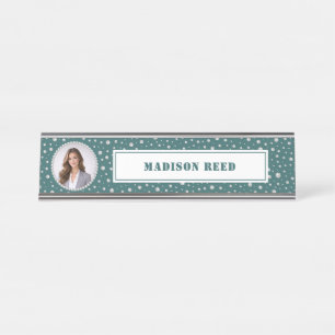 Personalized Photo with Pearls Circle on Teal Desk Name Plate