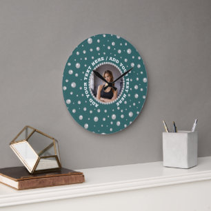 Personalized Photo with Pearls Circle on Teal Large Clock