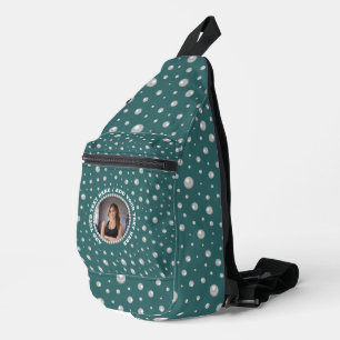 Personalized Photo with Pearls Circle on Teal Sling Bag