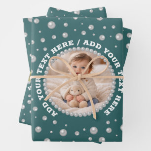 Personalized Photo with Pearls Circle on Teal Wrapping Paper Sheet