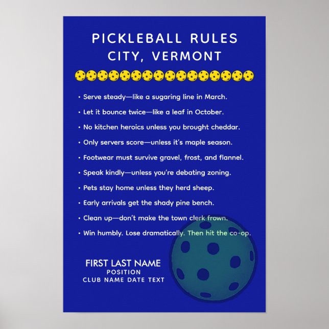 Personalized Pickleball Rules City, Vermont Poster (Front)