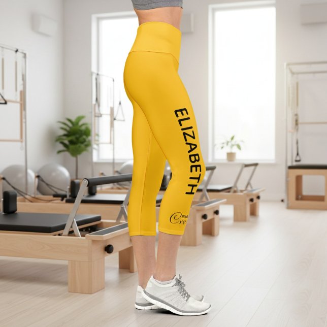 Personalized Pilates Crew Reformer Or Mat Yellow Capri Leggings (Yellow Pilates Crew Capri Leggings right side. Studio background.)