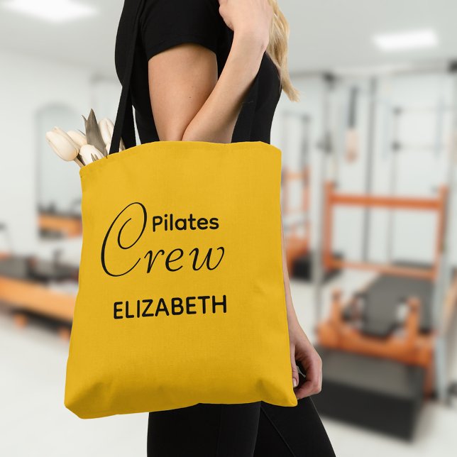 Personalized Pilates Crew Reformer Or Mat Yellow Tote Bag (Pilates Crew tote bag. Background out of focus.)