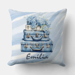 Personalized pillow Vintage suitcases Blue hydrang