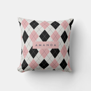 Personalized Pink and Black Diamond Pattern Cushion