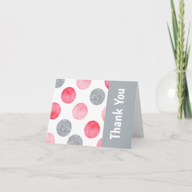 Personalized Pink and Gray Dot  Thank You Card (Front)