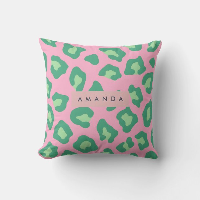 Personalized Pink and Green Leopard Print Cushion (Front)