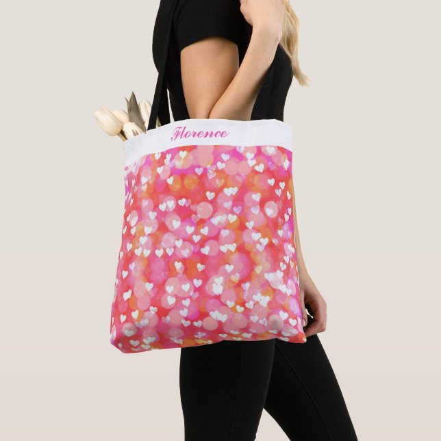 Personalized Pink and White abstract Hearts Tote Bag (Close Up)