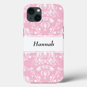 Personalized Pink and White Damask iPhone 13 Case