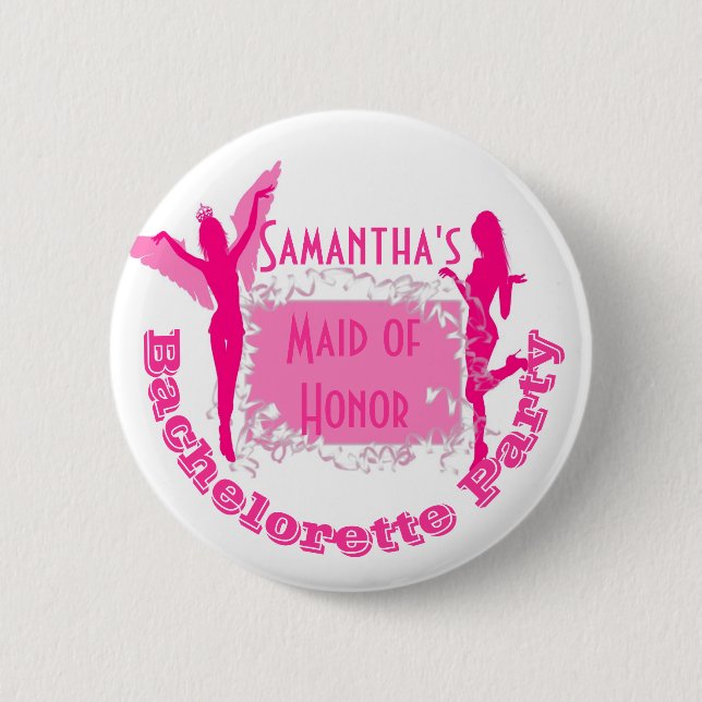 Personalized pink bachelorette party 6 cm round badge (Front)