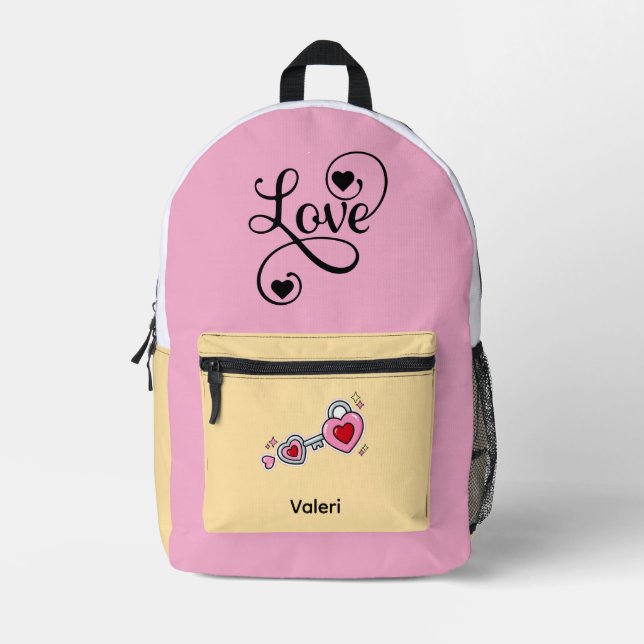 Personalized Pink Backpack with "Love" & Heart Key (Front)