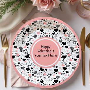 Personalized Pink Black Hearts Sketch Valentine   Paper Plate