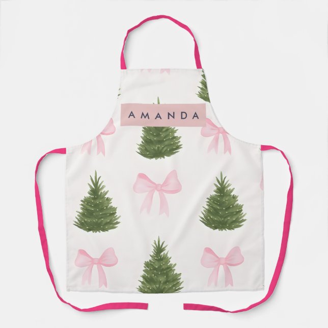 Personalized Pink Bow & Christmas Tree Apron (Front)