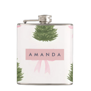 Personalized Pink Bow & Christmas Tree Hip Flask
