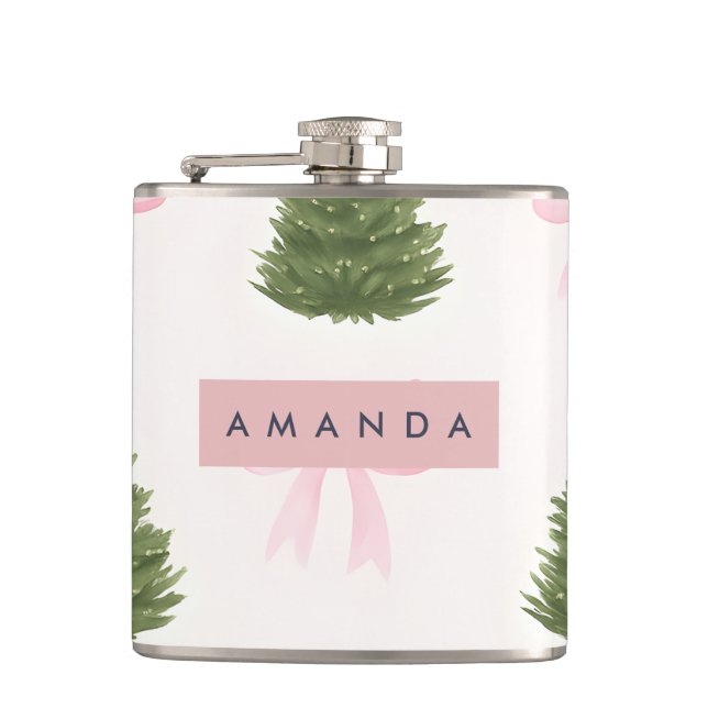 Personalized Pink Bow & Christmas Tree Hip Flask (Front)