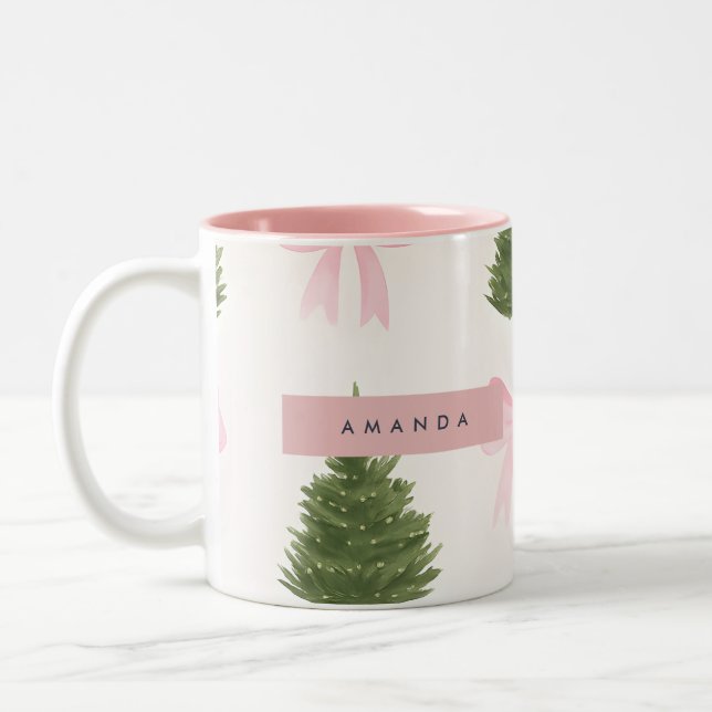 Personalized Pink Bow & Christmas Tree Two-Tone Coffee Mug (Left)