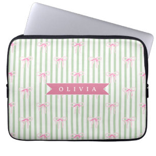 Personalized Pink Bow Green Stripe Coquette Preppy Laptop Sleeve