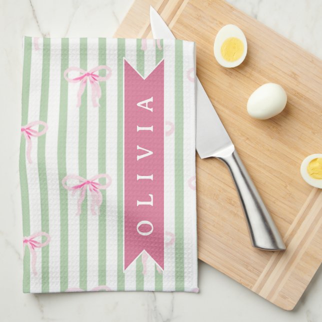 Personalized Pink Bow Green Stripe Coquette Preppy Tea Towel (Quarter Fold)