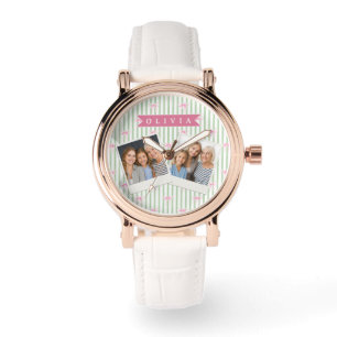 Personalized Pink Bow Green Stripe Coquette Preppy Watch