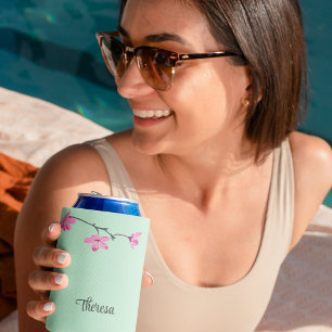 Personalized Pink Cherry Blossom Mint Green Can Cooler
