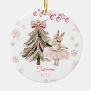 Personalized Pink Christmas Bunny Ballerina Ceramic Tree Decoration