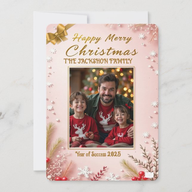 Personalized Pink Christmas Card with Elegant (Front)
