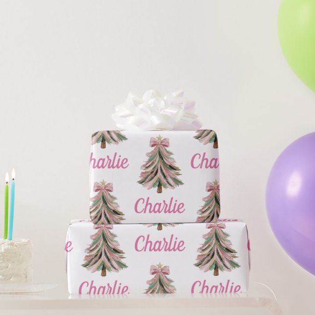 Personalized Pink Christmas Xmas Tree Holiday Gift Wrapping Paper (Party Gifts)