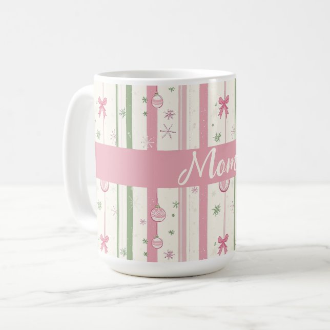 Personalized Pink Coquette Mom Holiday Coffee Mug (Front Left)