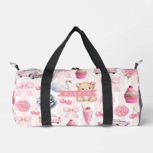 Personalized Pink Coquette Retro Cute Teddy Bear  Duffle Bag