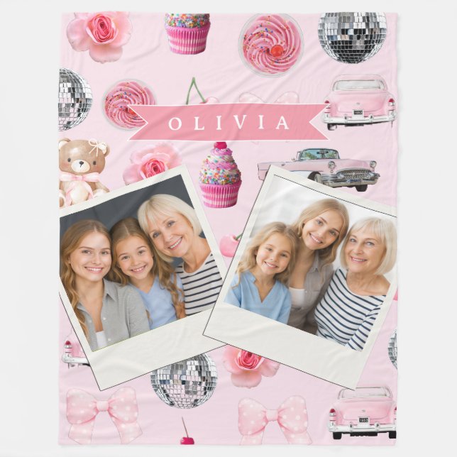 Personalized Pink Coquette Retro Cute Teddy Bear  Fleece Blanket (Front)