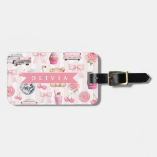 Personalized Pink Coquette Retro Cute Teddy Bear  Luggage Tag