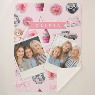 Personalized Pink Coquette Retro Cute Teddy Bear  Sherpa Blanket