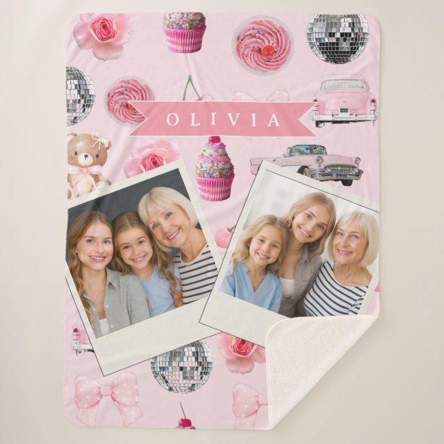 Personalized Pink Coquette Retro Cute Teddy Bear  Sherpa Blanket (Front)