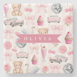 Personalized Pink Coquette Retro Cute Teddy Bear Stone Coaster