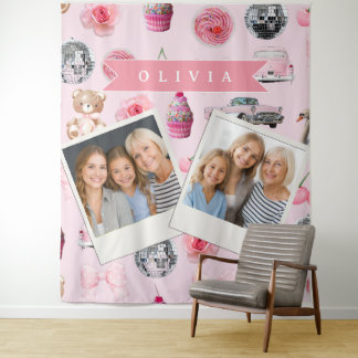 Personalized Pink Coquette Retro Cute Teddy Bear  Tapestry