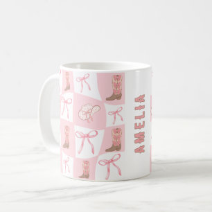Personalized Pink Cowgirl Boot & Bow Checker Coffee Mug
