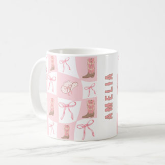 Personalized Pink Cowgirl Boot & Bow Checker Coffee Mug