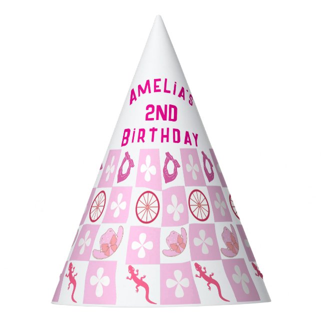 Personalized Pink Cowgirl Checkered Birthday  Party Hat (Front)