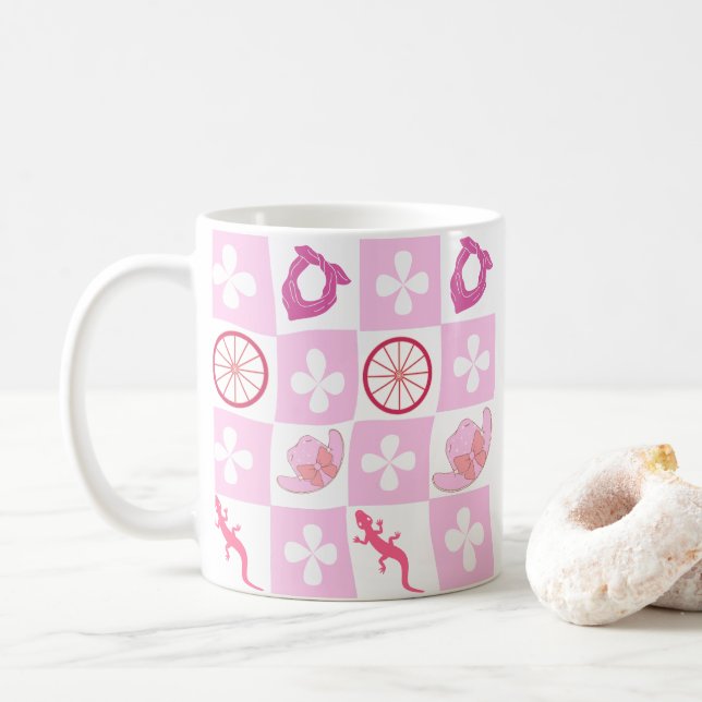 Personalized Pink Cowgirl Checkered with Flower Coffee Mug (With Donut)