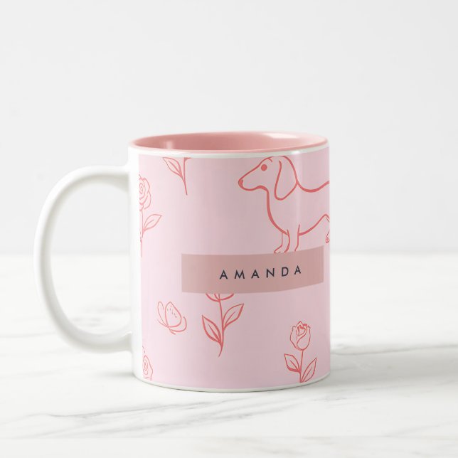 Personalized Pink Dachshund and Flower Two-Tone Coffee Mug (Left)