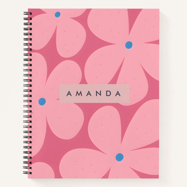 Personalized Pink Daisy and Blue Center Flower  Notebook (Front)